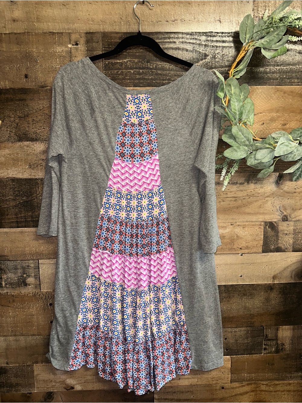 Gray Women’s Tunic Top with Pink & Blue Patchwork Panel, size M